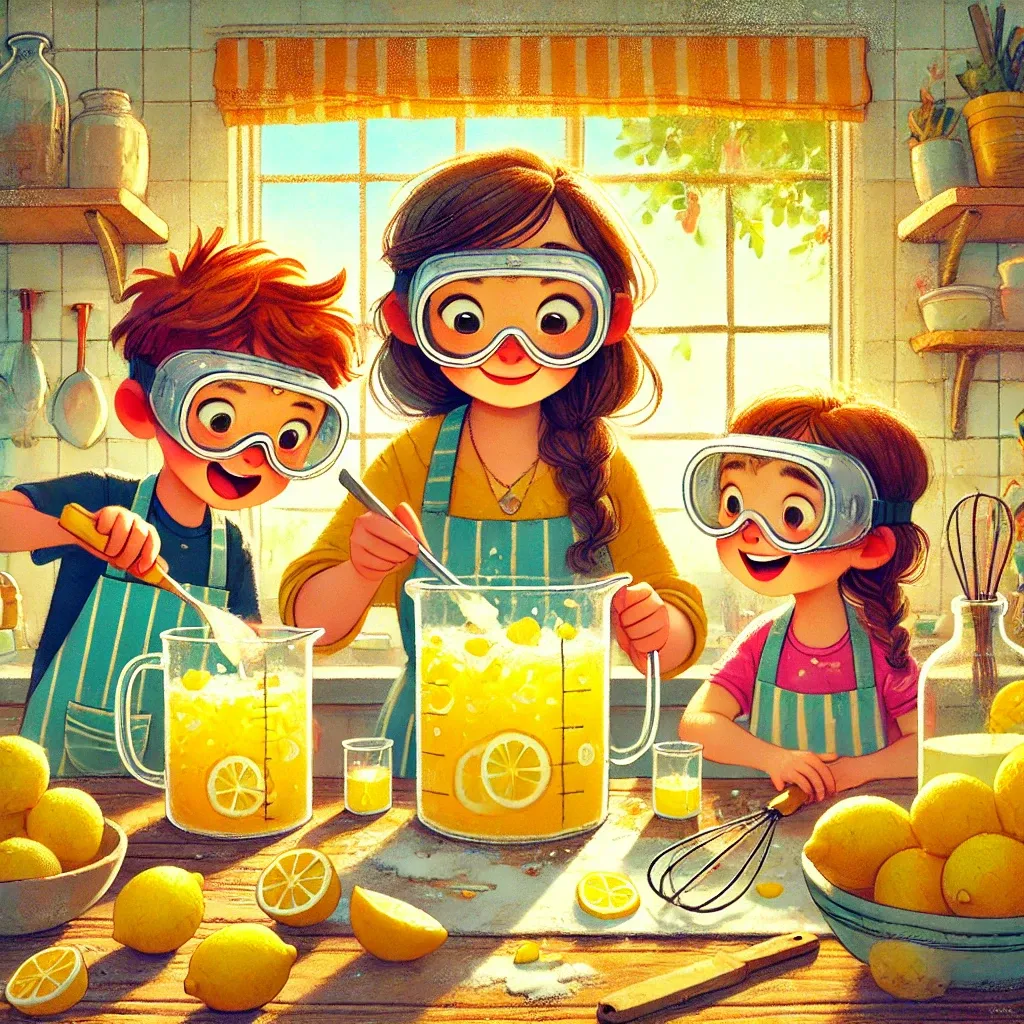 A "lemonade laboratory," with a mom and two kids wearing oversized aprons and safety goggles