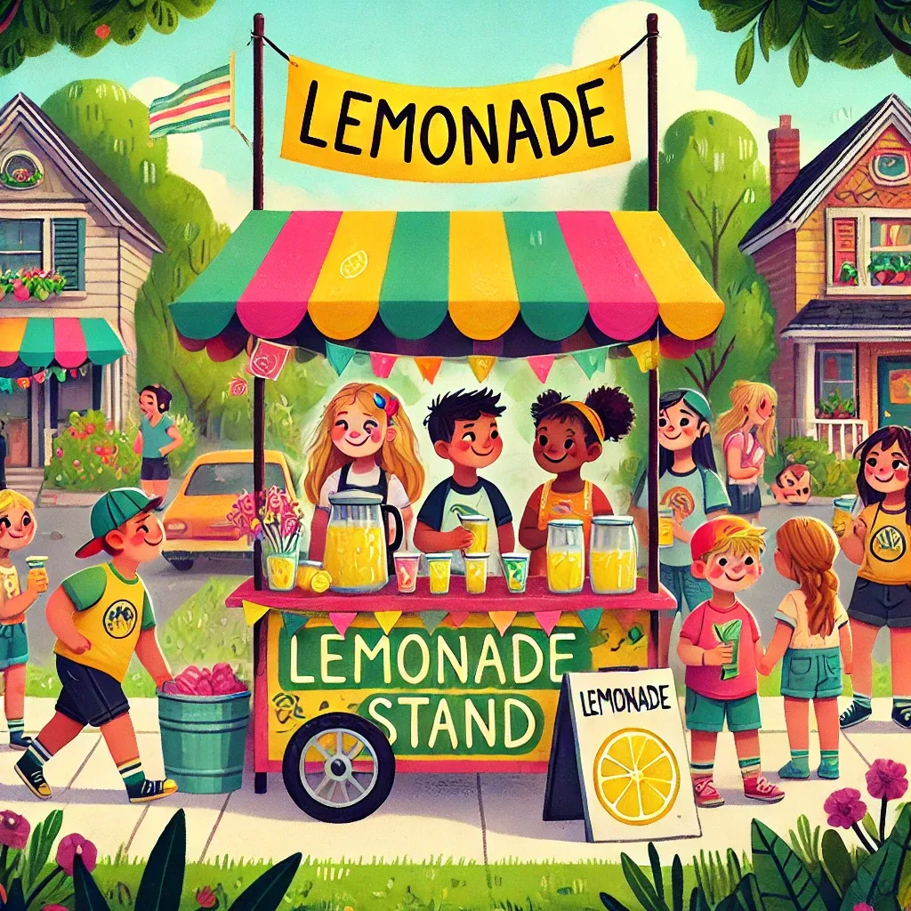 A bustling neighborhood lemonade stand