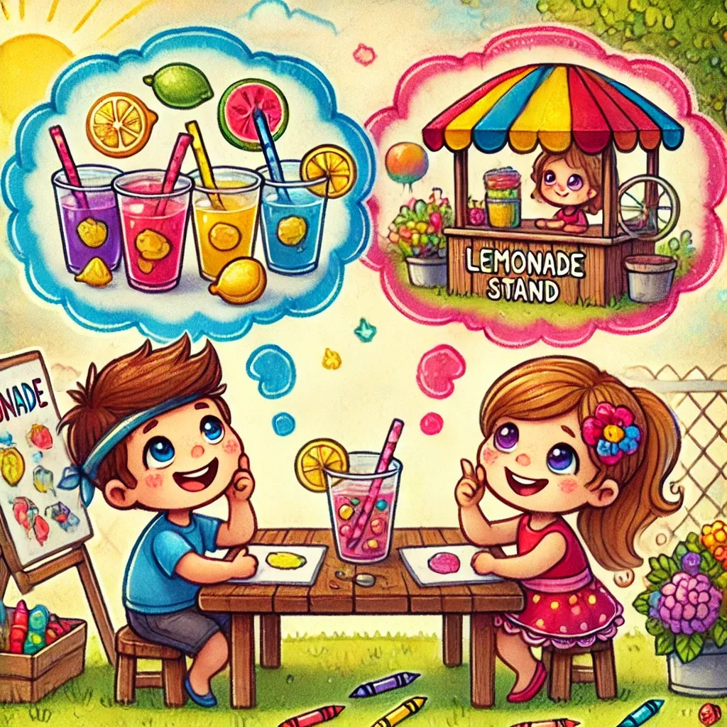 Two kids brainstorming lemonade stand ideas, with thought bubbles showing rainbow-colored drinks and a fancy lemonade stand