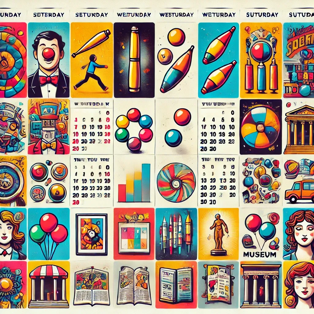 A calendar of pictures representing juggling practice and trips to museums