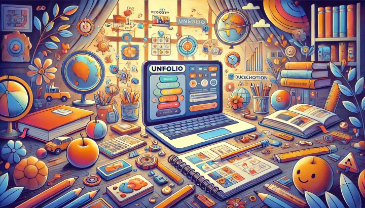 A laptop with Unfolio on the screen surrounded by a colorful scene of unschooling resources