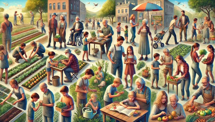 A community scene with gardens and reading